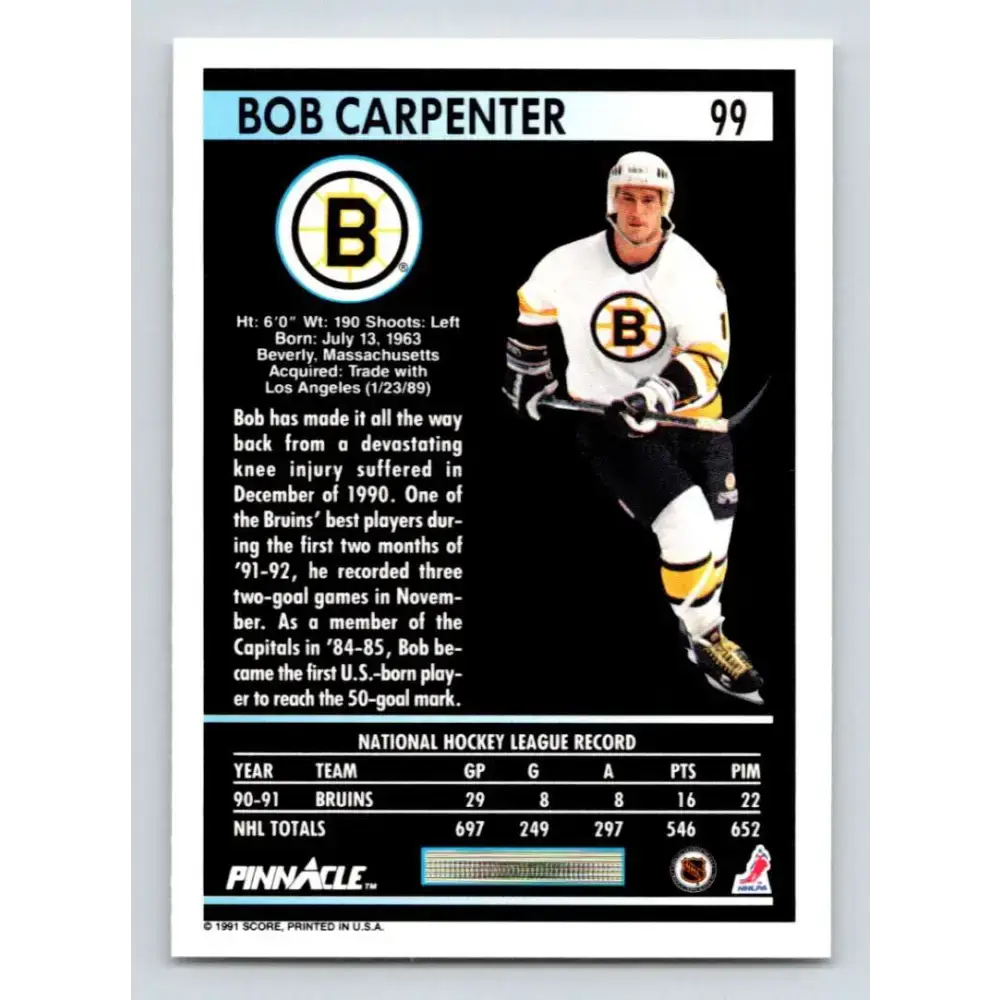 1991-92 Pinnacle #99 Bob Carpenter NM-MT Boston Bruins Hockey Card - Hockey Card Single