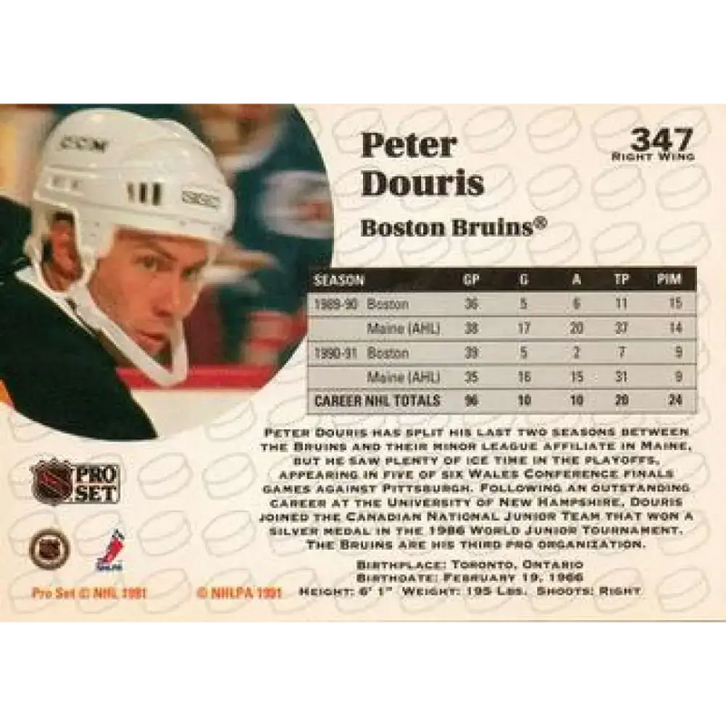 1991-92 Pro Set #347 Peter Douris NM-MT Boston Bruins Hockey Card - Hockey Card Single