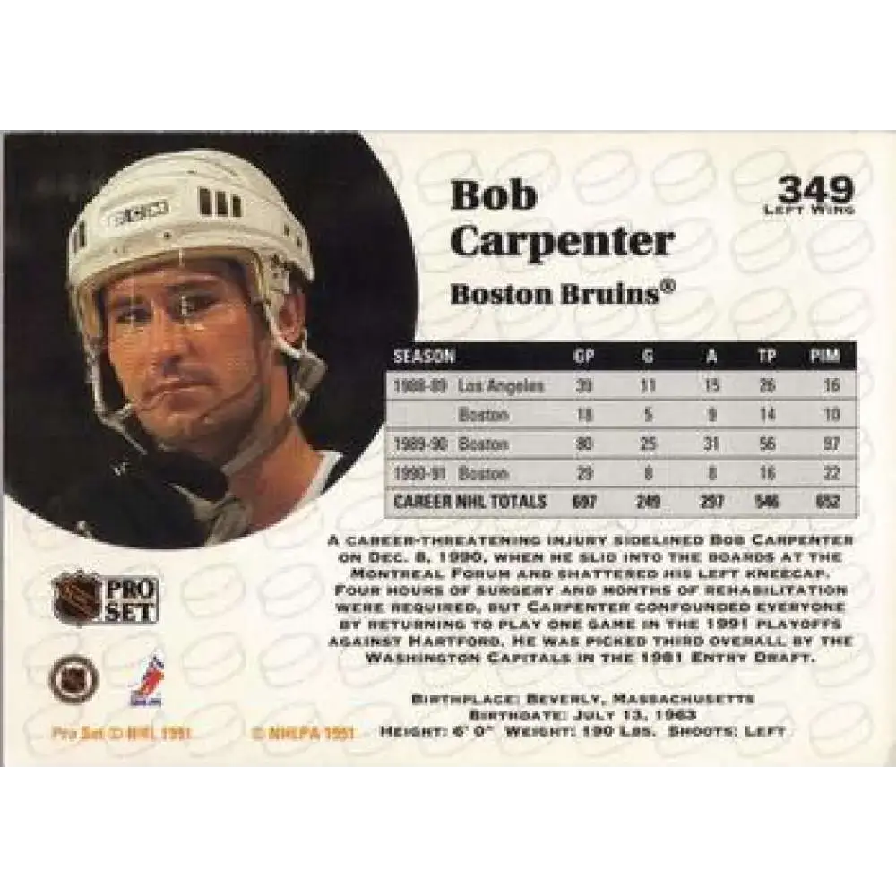 1991-92 Pro Set #349 Bob Carpenter NM-MT Boston Bruins Hockey Card - Hockey Card Single