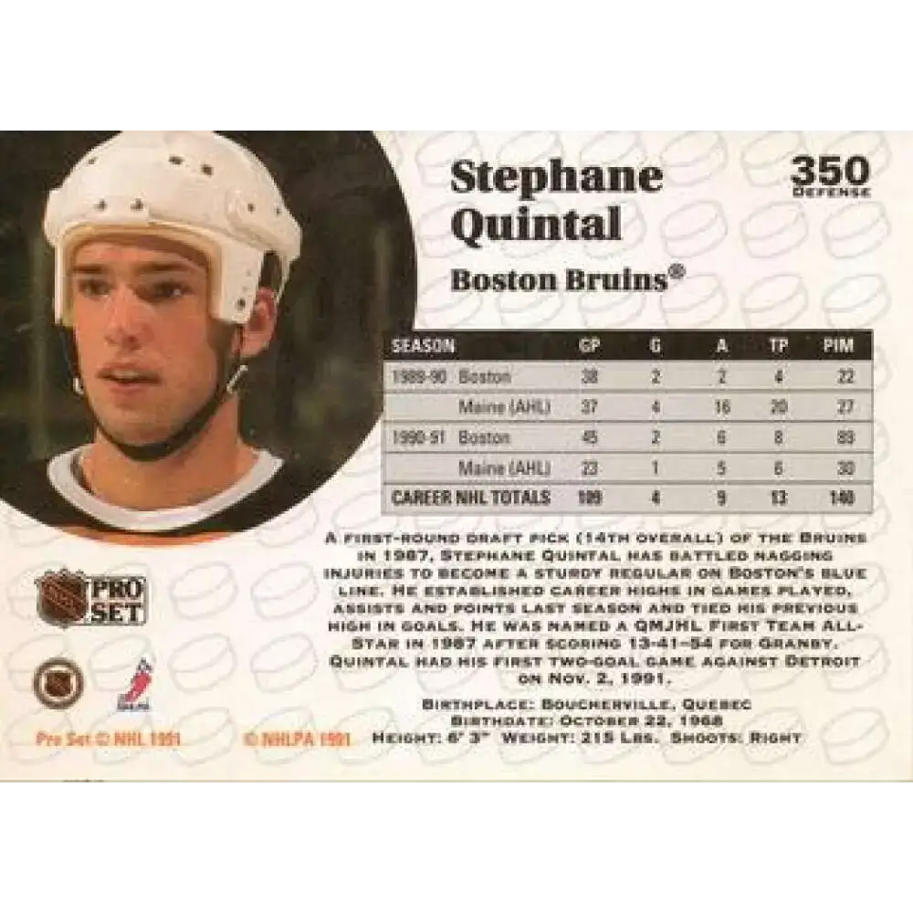 1991-92 Pro Set #350 Stephane Quintal NM-MT Boston Bruins Hockey Card - Hockey Card Single