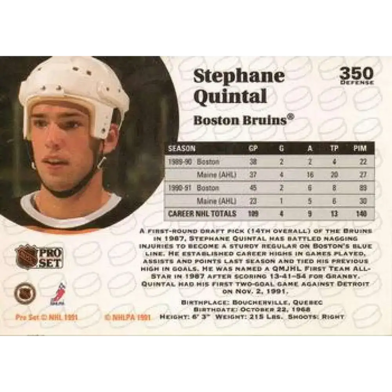 1991-92 Pro Set #350 Stephane Quintal NM-MT Boston Bruins Hockey Card - Hockey Card Single
