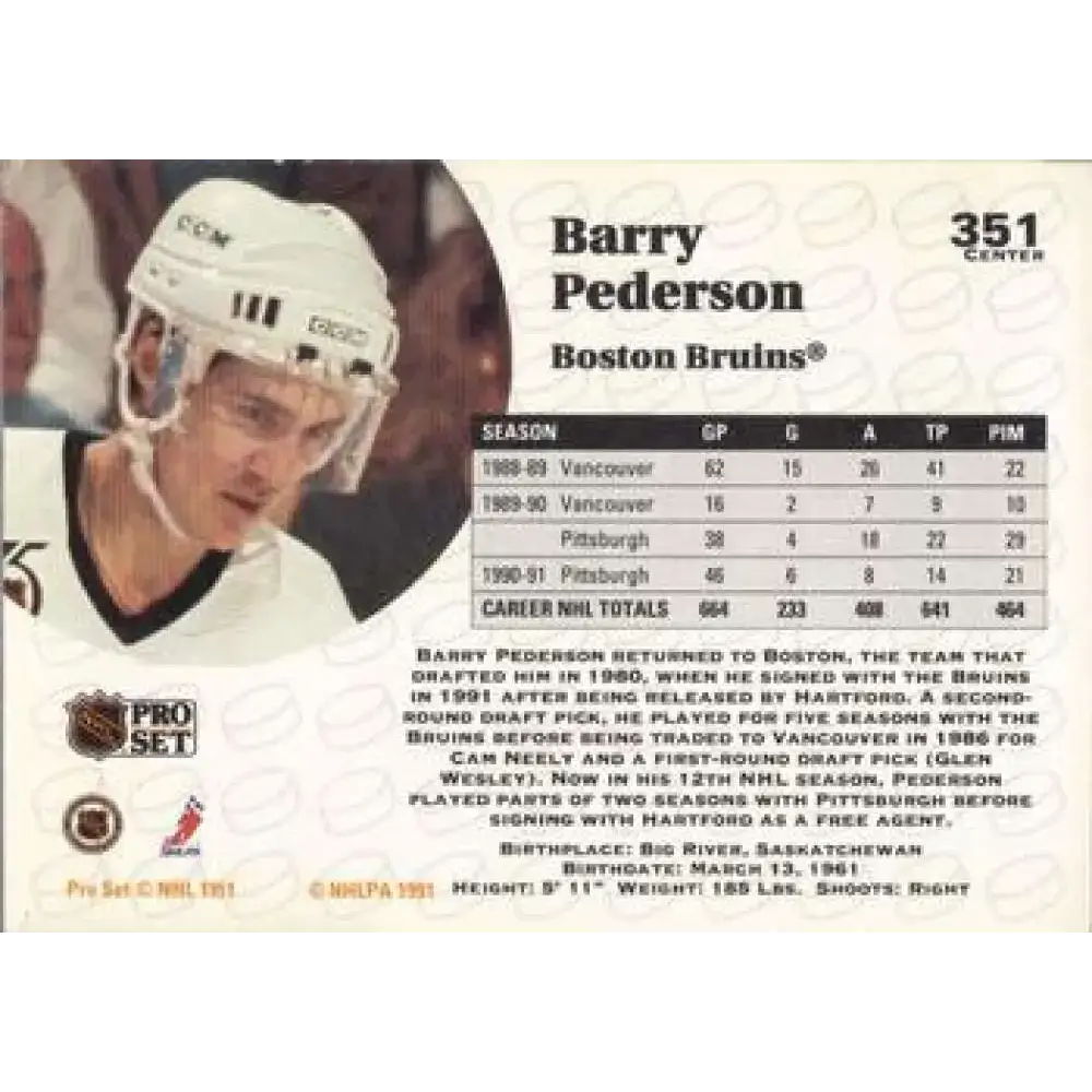 1991-92 Pro Set #351 Barry Pederson NM-MT Boston Bruins Hockey Card - Hockey Card Single