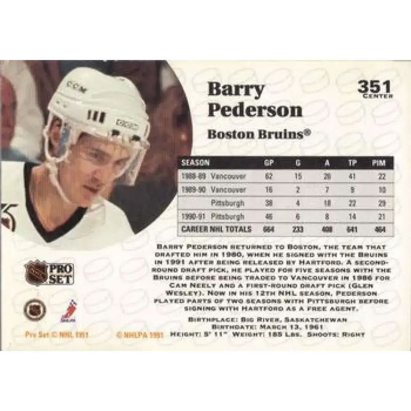 1991-92 Pro Set #351 Barry Pederson NM-MT Boston Bruins Hockey Card - Hockey Card Single