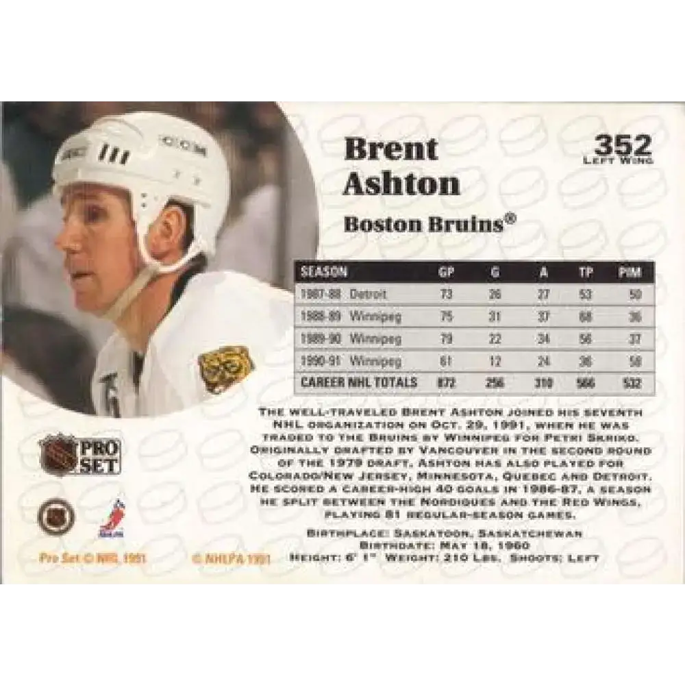 1991-92 Pro Set #352 Brent Ashton NM-MT Boston Bruins Hockey Card - Hockey Card Single