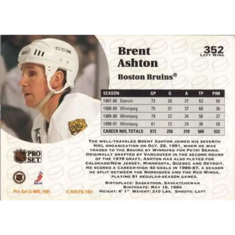 1991-92 Pro Set #352 Brent Ashton NM-MT Boston Bruins Hockey Card - Hockey Card Single