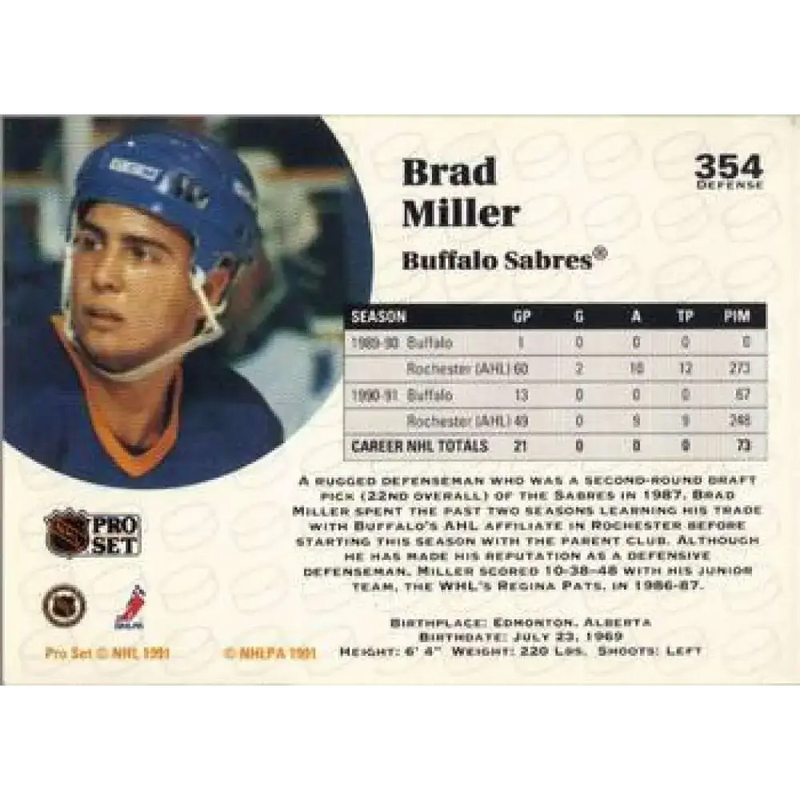 1991-92 Pro Set #354 Brad Miller NM-MT Buffalo Sabres Hockey Card - Hockey Card Single