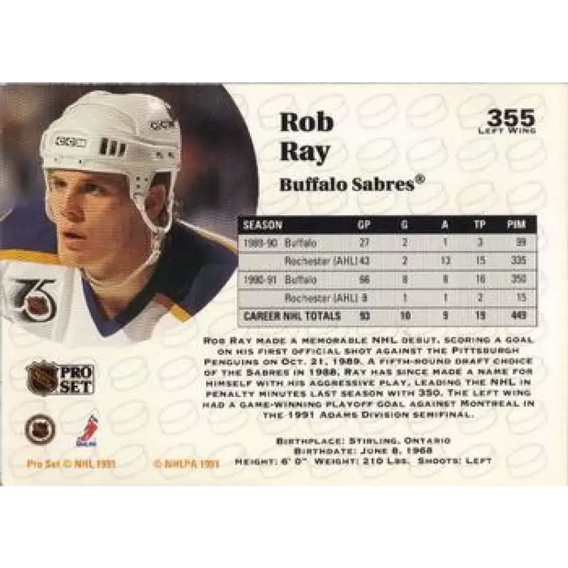 1991-92 Pro Set #355 Robert Ray NM-MT Buffalo Sabres Hockey Card - Hockey Card Single