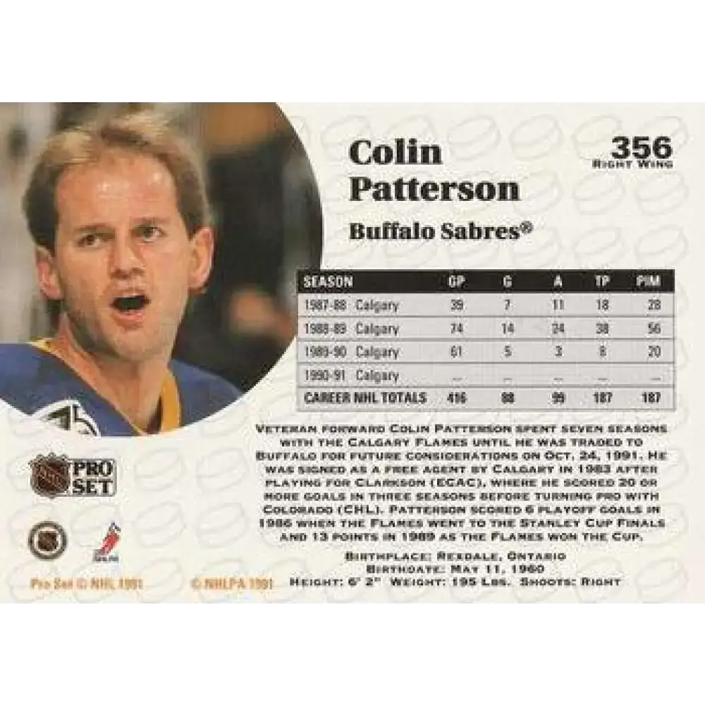 1991-92 Pro Set #356 Colin Patterson NM-MT Buffalo Sabres Hockey Card - Hockey Card Single