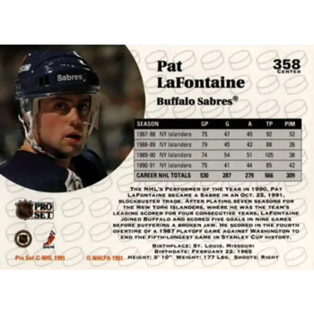 1991-92 Pro Set #358 Pat LaFontaine NM-MT Buffalo Sabres Hockey Card - Hockey Card Single