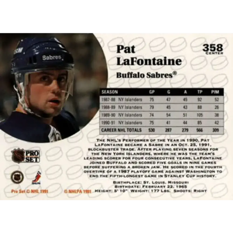 1991-92 Pro Set #358 Pat LaFontaine NM-MT Buffalo Sabres Hockey Card - Hockey Card Single