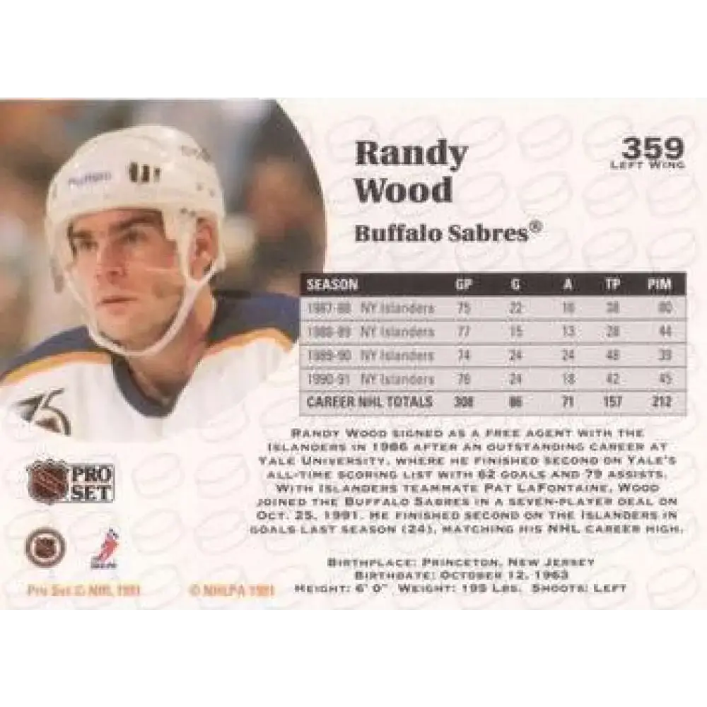 1991-92 Pro Set #359 Randy Wood NM-MT Buffalo Sabres Hockey Card - Hockey Card Single