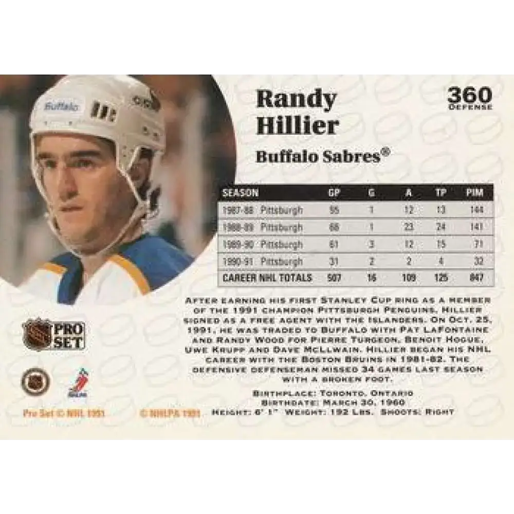 1991-92 Pro Set #360 Randy Hillier NM-MT Buffalo Sabres Hockey Card - Hockey Card Single