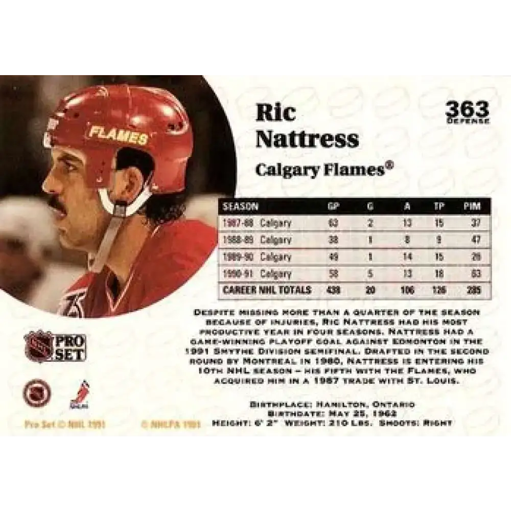 1991-92 Pro Set #363 Ric Nattress NM-MT Calgary Flames Hockey Card - Hockey Card Single