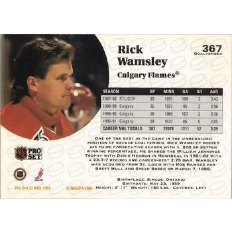1991-92 Pro Set #367 Rick Wamsley NM-MT Calgary Flames Hockey Card - Hockey Card Single