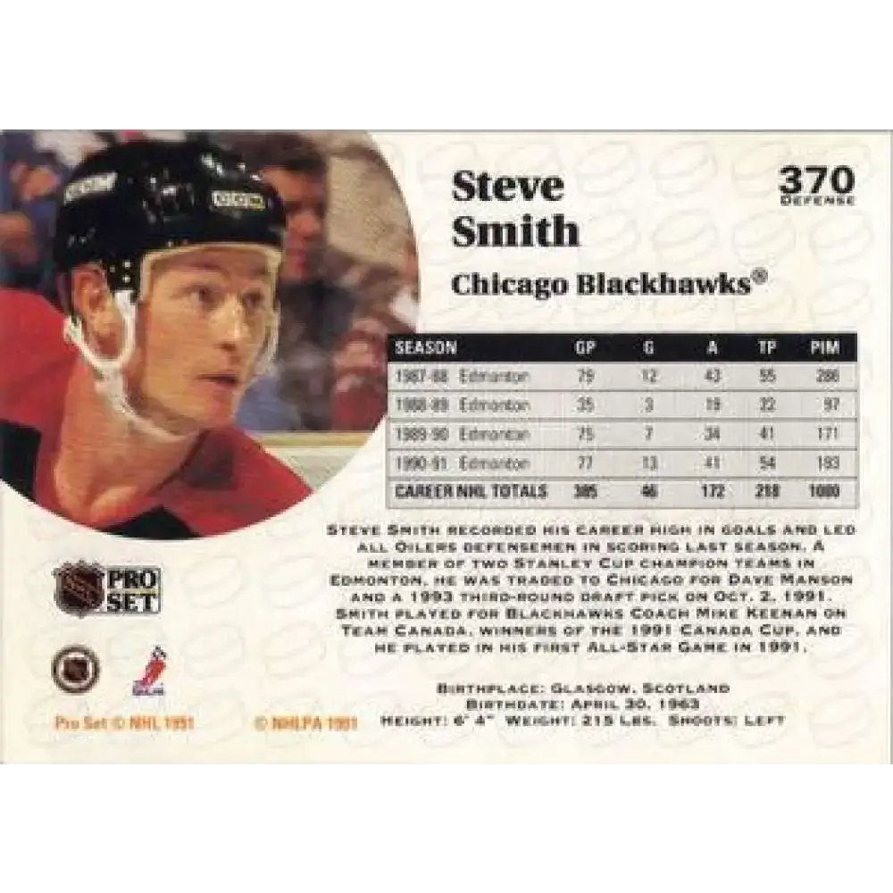 1991-92 Pro Set #370 Steve Smith NM-MT Chicago Blackhawks Hockey Card - Hockey Card Single