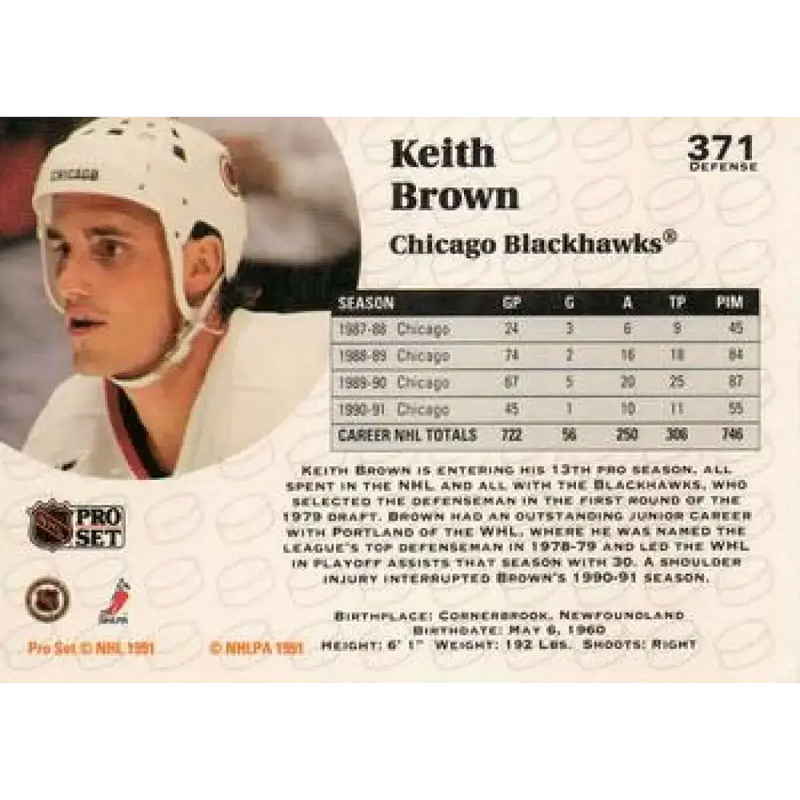 1991-92 Pro Set #371 Keith Brown NM-MT Chicago Blackhawks Hockey Card - Hockey Card Single