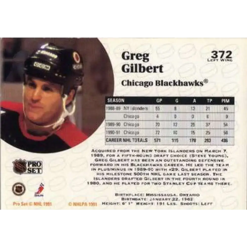1991-92 Pro Set #372 Greg Gilbert NM-MT Chicago Blackhawks Hockey Card - Hockey Card Single