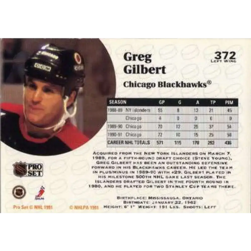 1991-92 Pro Set #372 Greg Gilbert NM-MT Chicago Blackhawks Hockey Card - Hockey Card Single