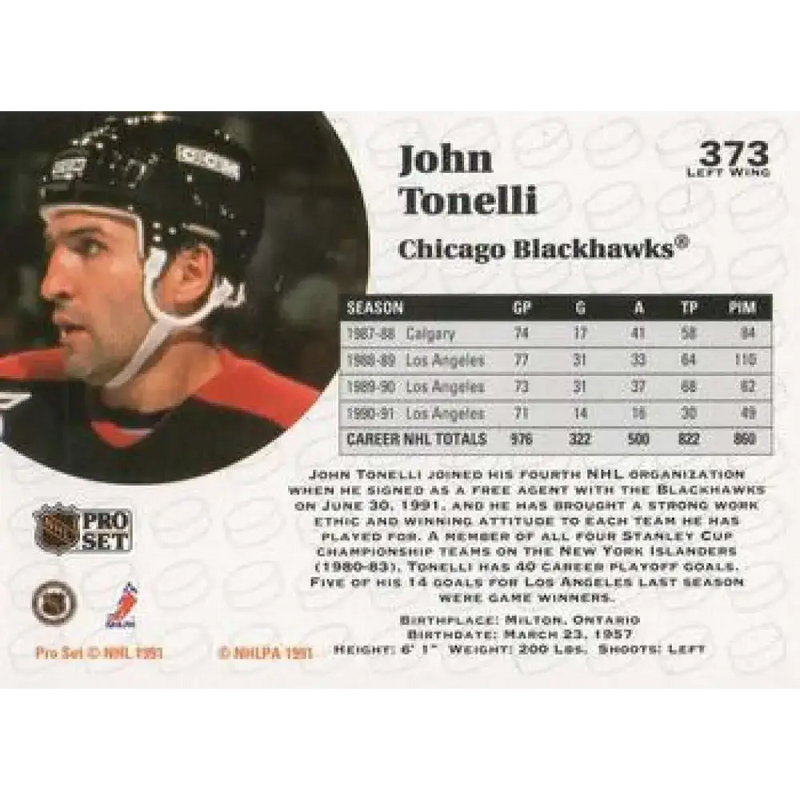 1991-92 Pro Set #373 John Tonelli NM-MT Chicago Blackhawks Hockey Card - Hockey Card Single
