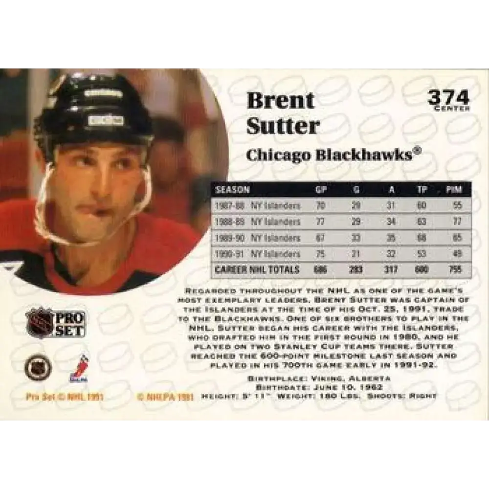 1991-92 Pro Set #374 Brent Sutter NM-MT Chicago Blackhawks Hockey Card - Hockey Card Single