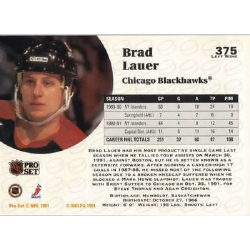 1991-92 Pro Set #375 Brad Lauer NM-MT Chicago Blackhawks Hockey Card - Hockey Card Single