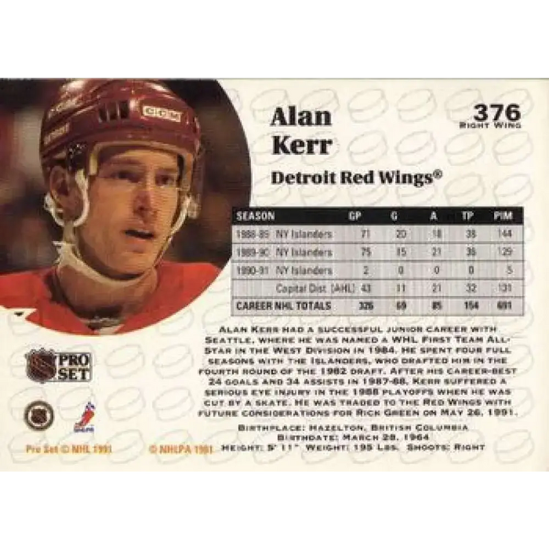 1991-92 Pro Set #376 Alan Kerr NM-MT Detroit Red Wings Hockey Card - Hockey Card Single