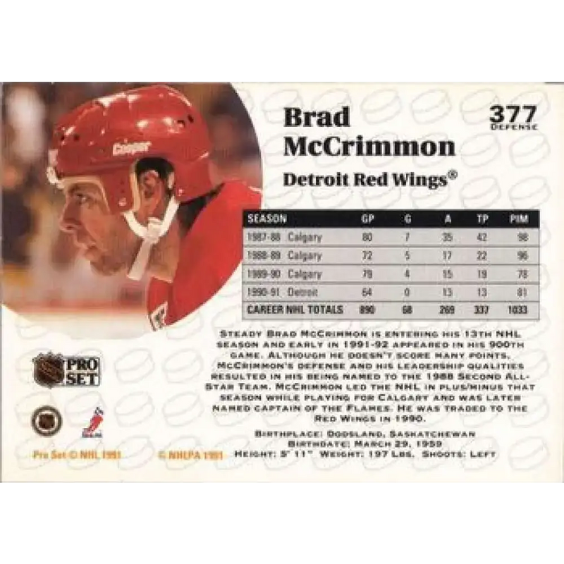 1991-92 Pro Set #377 Brad McCrimmon NM-MT Detroit Red Wings Hockey Card - Hockey Card Single