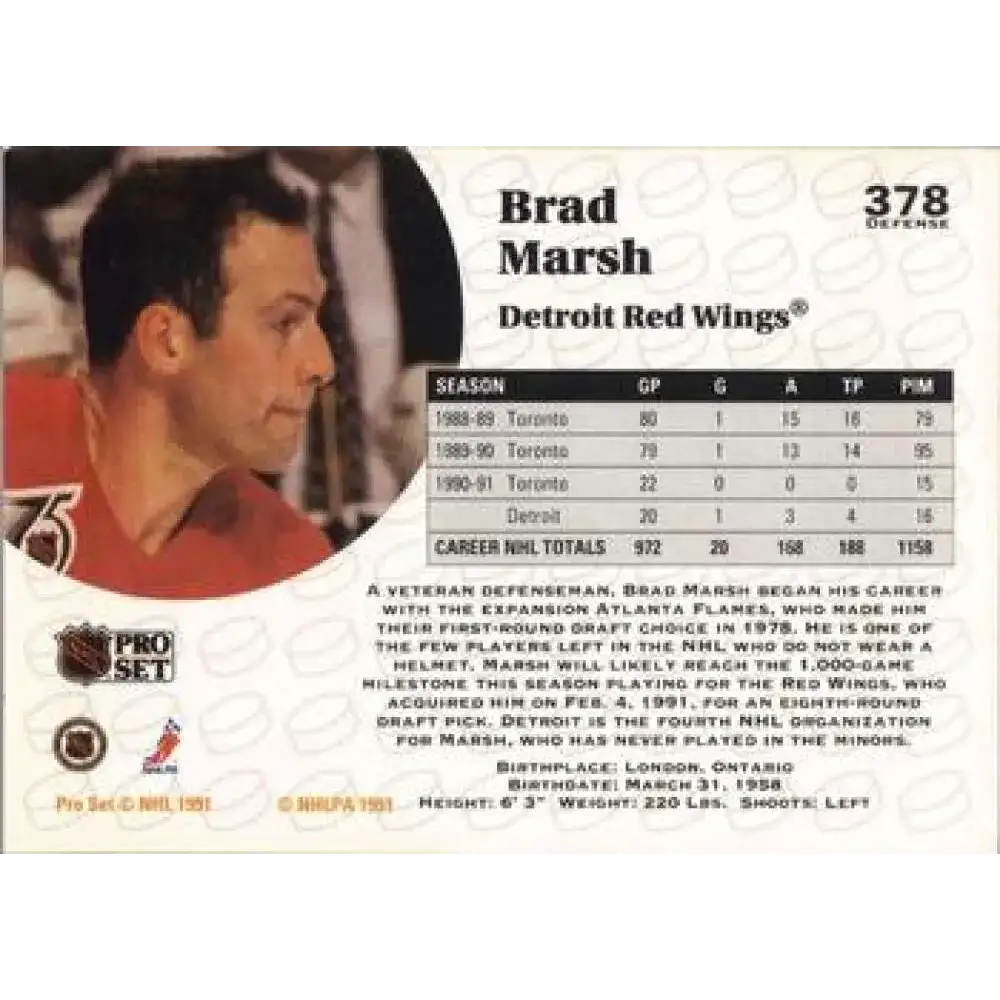 1991-92 Pro Set #378 Brad Marsh NM-MT Detroit Red Wings Hockey Card - Hockey Card Single
