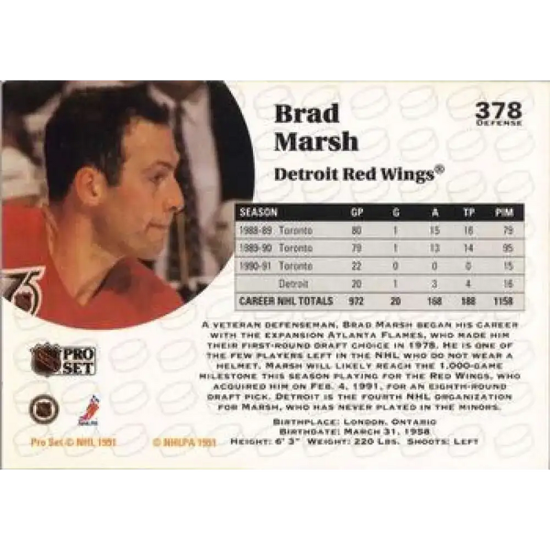 1991-92 Pro Set #378 Brad Marsh NM-MT Detroit Red Wings Hockey Card - Hockey Card Single