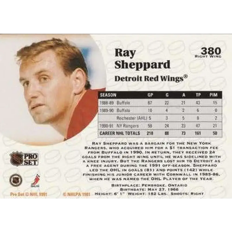 1991-92 Pro Set #380 Ray Sheppard NM-MT Detroit Red Wings Hockey Card - Hockey Card Single