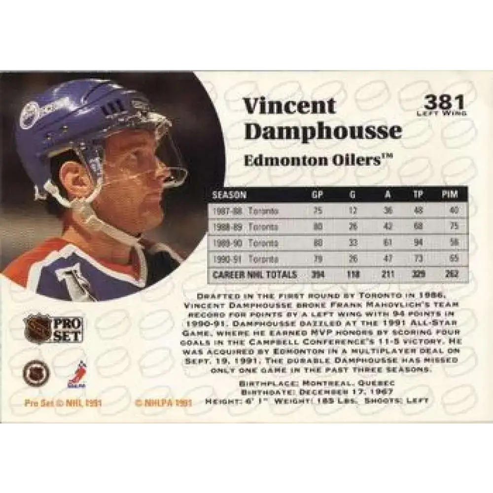 1991-92 Pro Set #381 Vincent Damphousse NM-MT Edmonton Oilers Hockey Card - Hockey Card Single