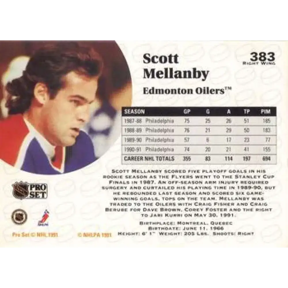 1991-92 Pro Set #383 Scott Mellanby NM-MT Edmonton Oilers Hockey Card - Hockey Card Single