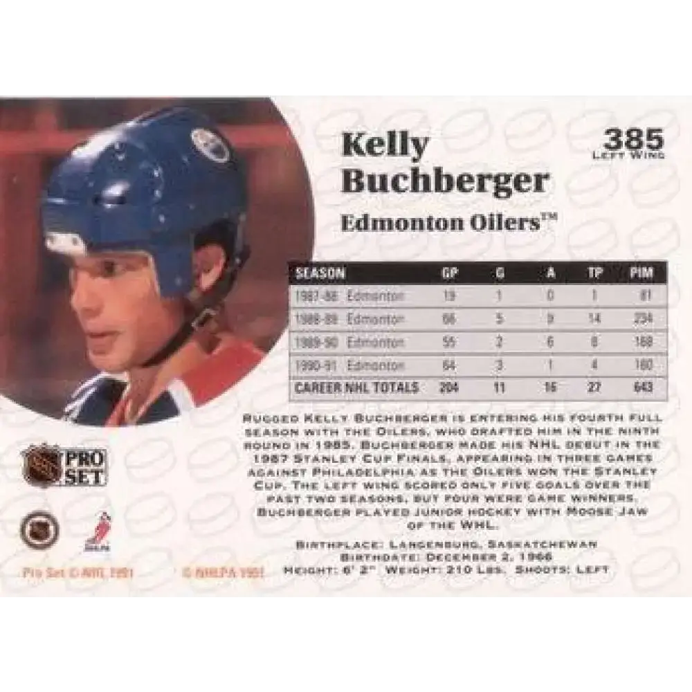 1991-92 Pro Set #385 Kelly Buchburger NM-MT Edmonton Oilers Hockey Card - Hockey Card Single