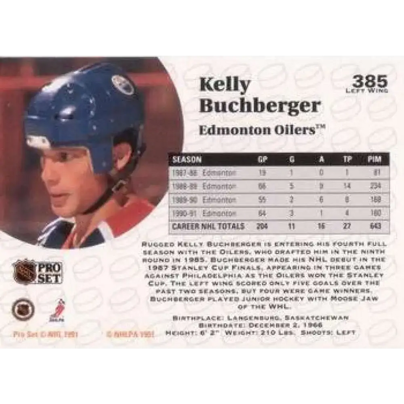 1991-92 Pro Set #385 Kelly Buchburger NM-MT Edmonton Oilers Hockey Card - Hockey Card Single