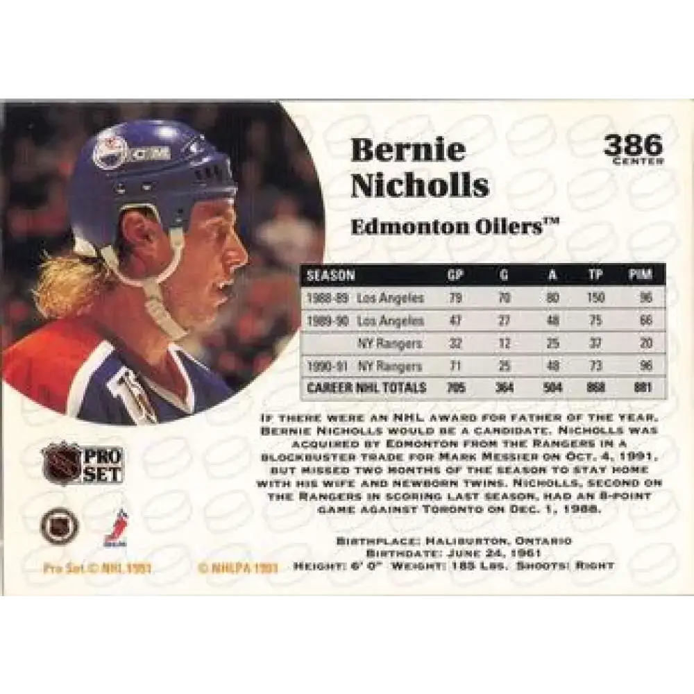 1991-92 Pro Set #386 Bernie Nicholls NM-MT Edmonton Oilers Hockey Card - Hockey Card Single