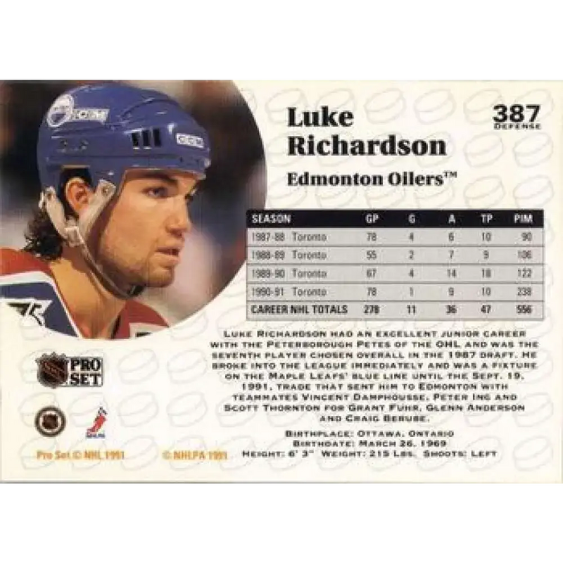 1991-92 Pro Set #387 Luke Richardson NM-MT Edmonton Oilers Hockey Card - Hockey Card Single