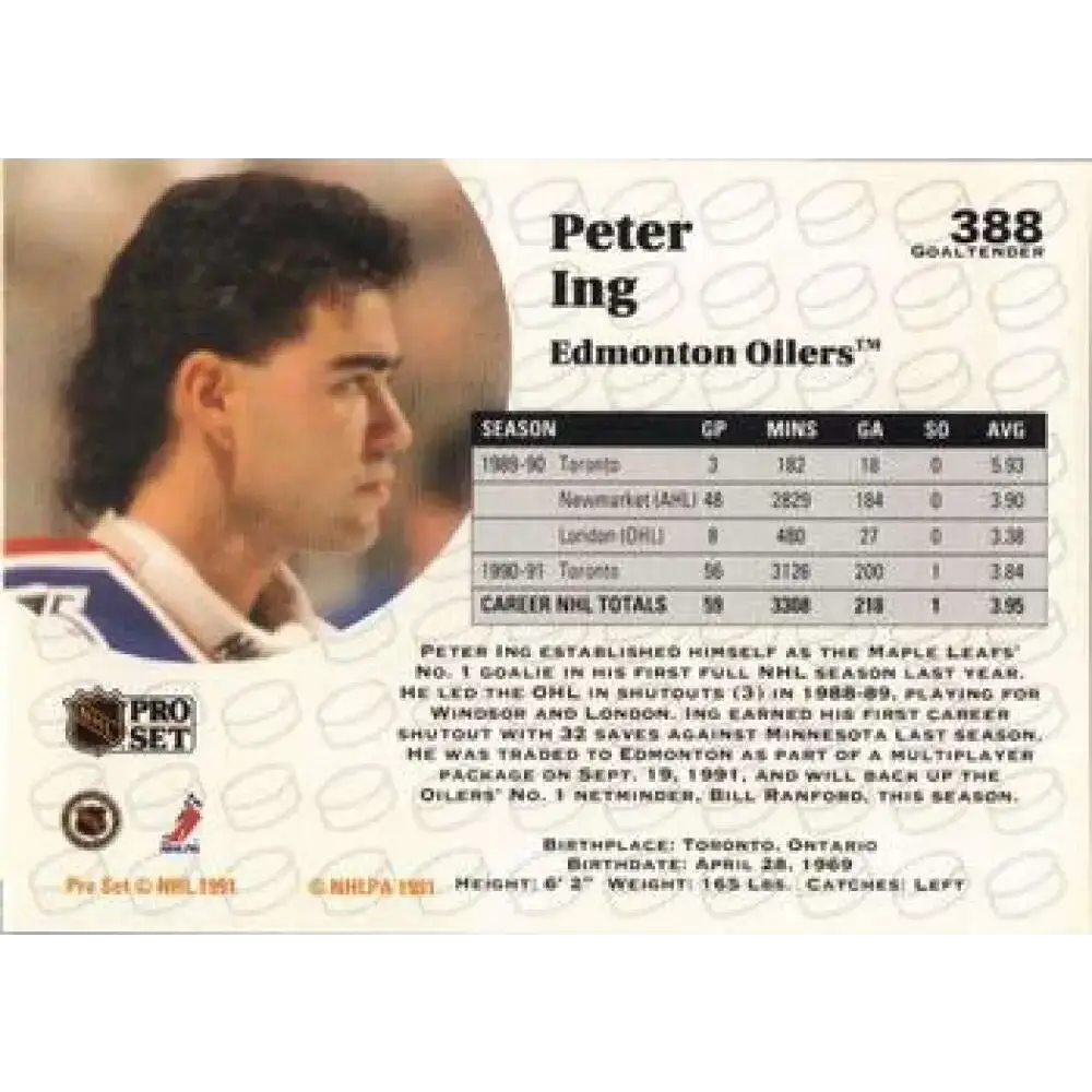 1991-92 Pro Set #388 Peter Ing NM-MT Edmonton Oilers Hockey Card - Hockey Card Single