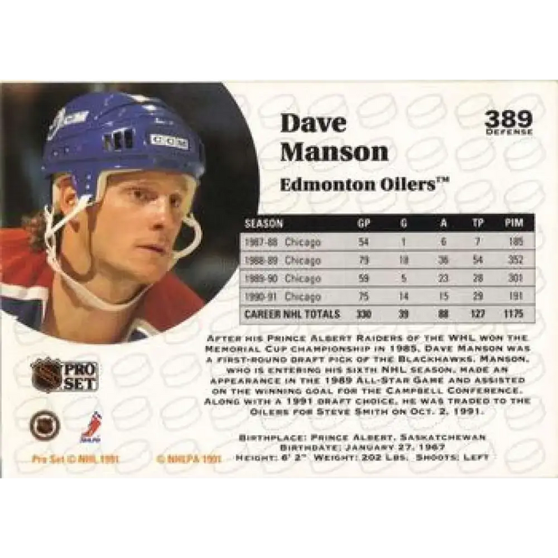 1991-92 Pro Set #389 Dave Manson NM-MT Edmonton Oilers Hockey Card - Hockey Card Single
