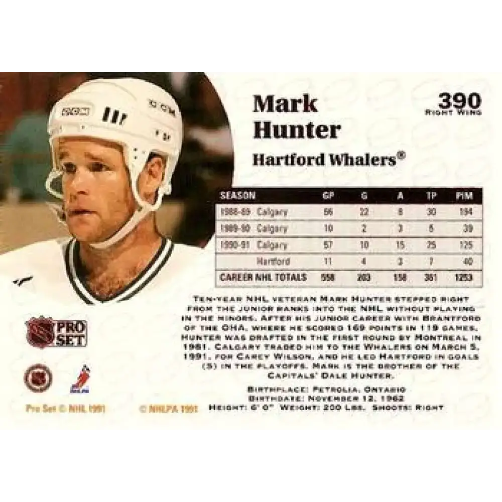1991-92 Pro Set #390 Mark Hunter NM-MT Hartford Whalers Hockey Card - Hockey Card Single