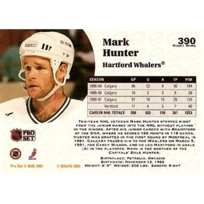 1991-92 Pro Set #390 Mark Hunter NM-MT Hartford Whalers Hockey Card - Hockey Card Single