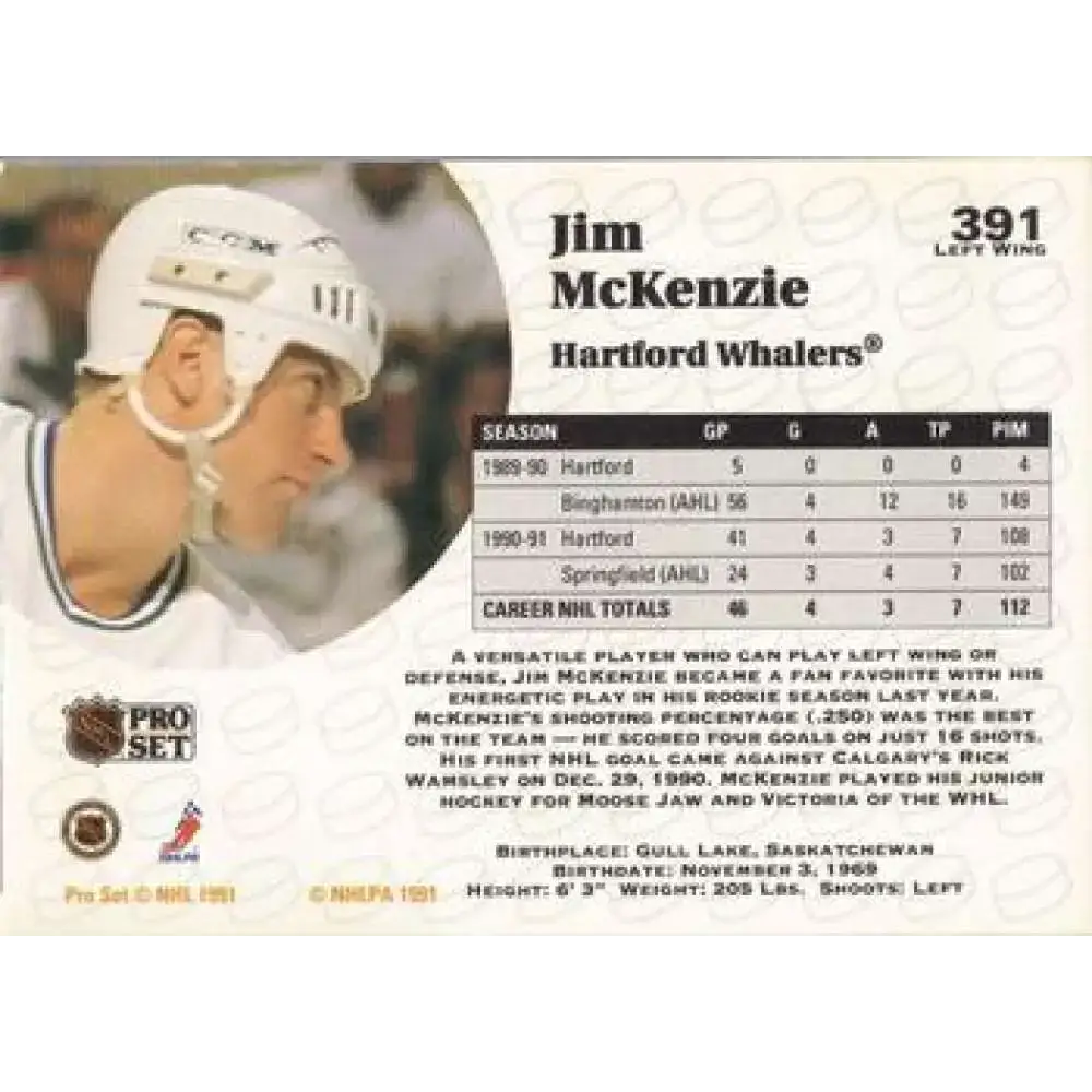 1991-92 Pro Set #391 Jim McKenzie NM-MT Hartford Whalers Hockey Card - Hockey Card Single