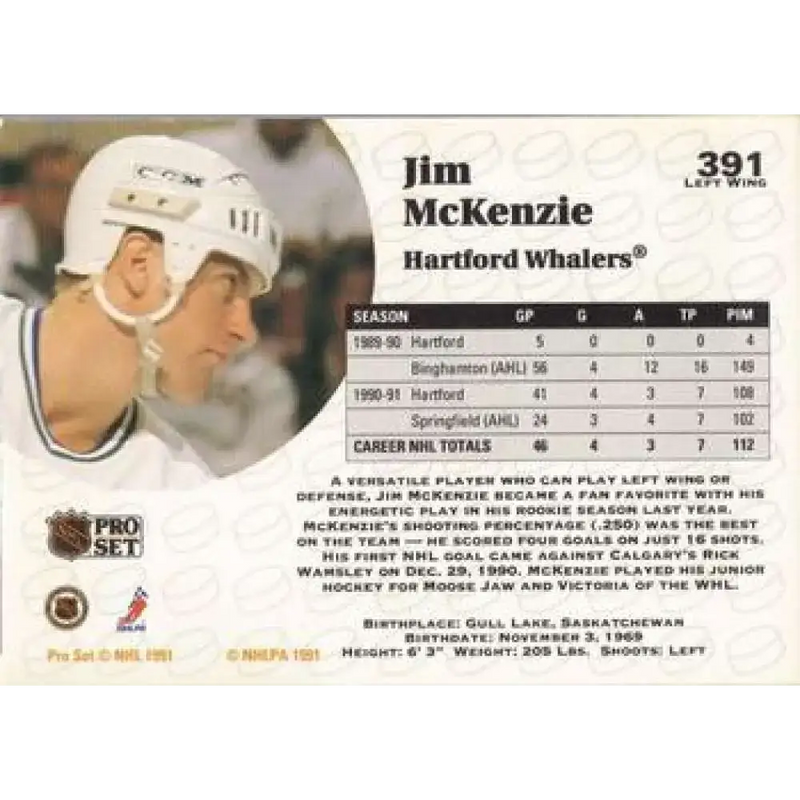 1991-92 Pro Set #391 Jim McKenzie NM-MT Hartford Whalers Hockey Card - Hockey Card Single