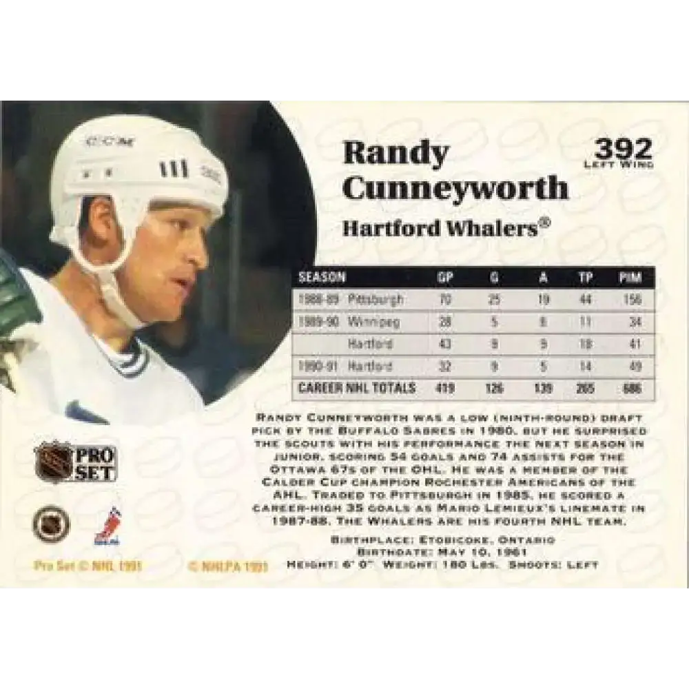 1991-92 Pro Set #392 Randy Cunneyworth NM-MT Hartford Whalers Hockey Card - Hockey Card Single