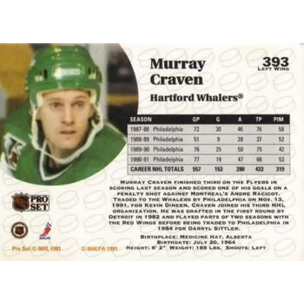1991-92 Pro Set #393 Murray Craven NM-MT Hartford Whalers Hockey Card - Hockey Card Single