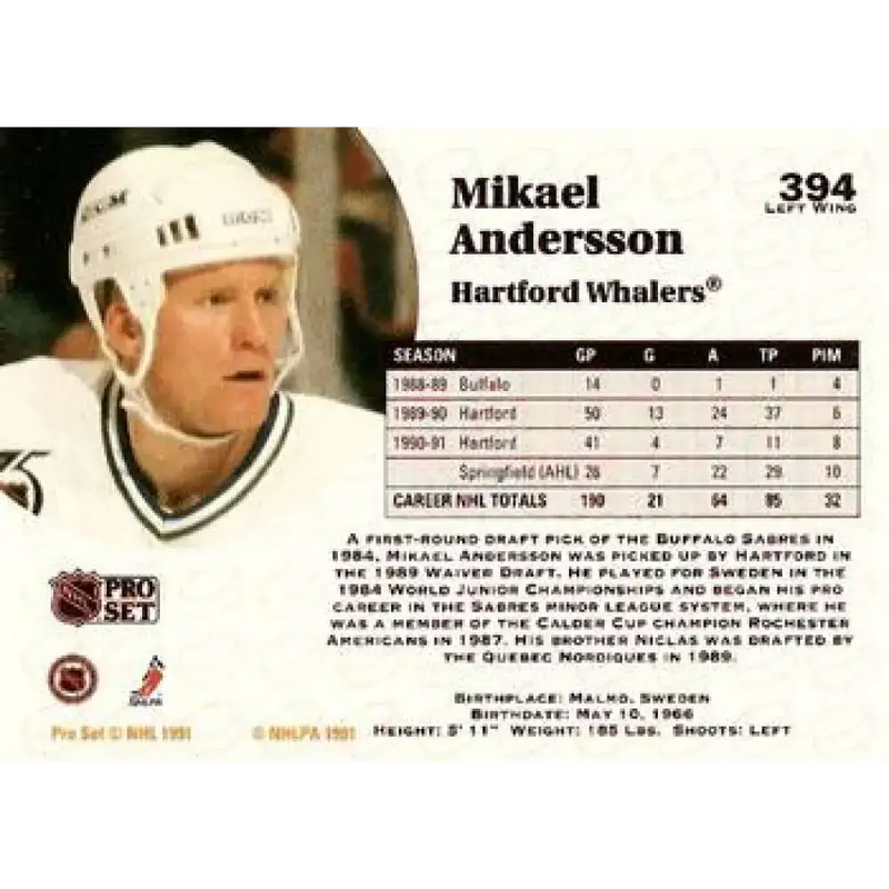 1991-92 Pro Set #394 Mikael Andersson NM-MT Hartford Whalers Hockey Card - Hockey Card Single