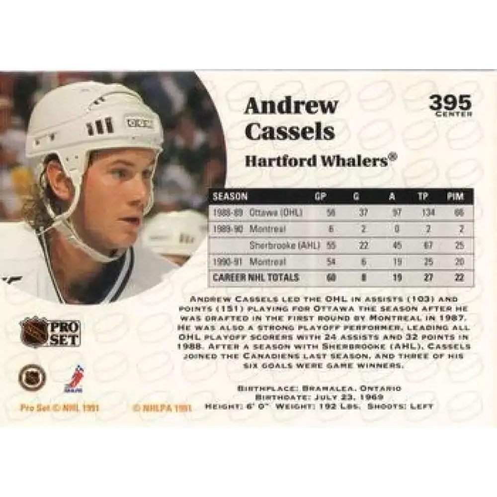 1991-92 Pro Set #395 Andrew Cassels NM-MT Hartford Whalers Hockey Card - Hockey Card Single