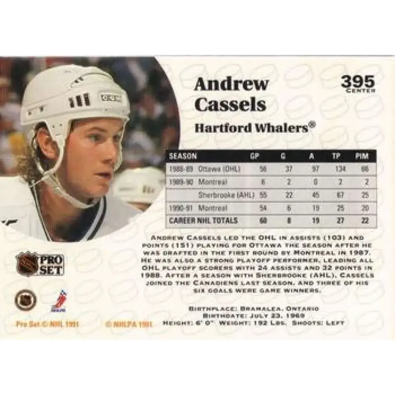1991-92 Pro Set #395 Andrew Cassels NM-MT Hartford Whalers Hockey Card - Hockey Card Single
