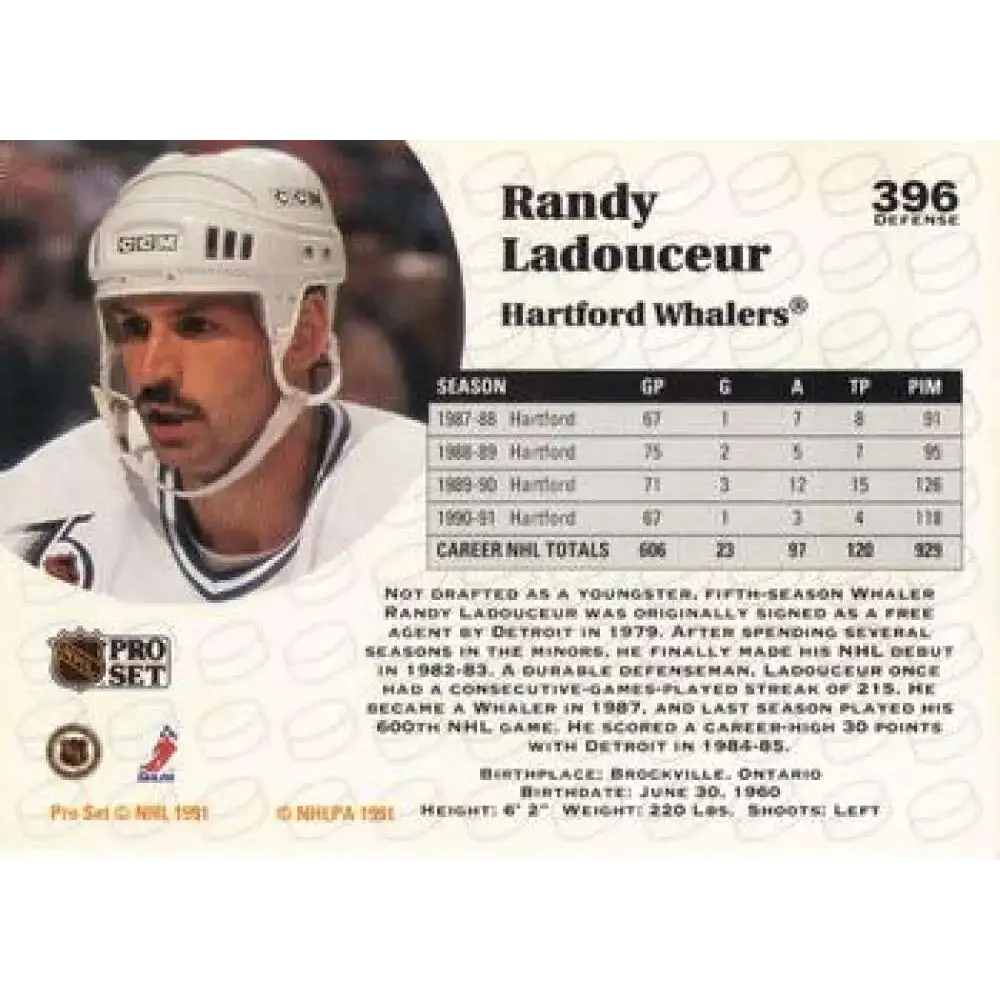 1991-92 Pro Set #396 Randy Ladouceur NM-MT Hartford Whalers Hockey Card - Hockey Card Single