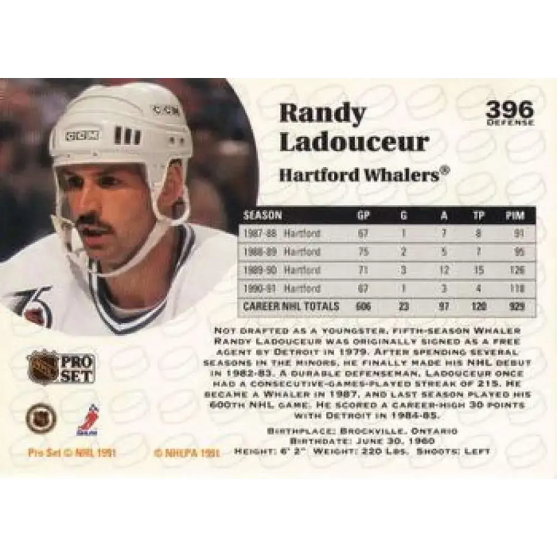 1991-92 Pro Set #396 Randy Ladouceur NM-MT Hartford Whalers Hockey Card - Hockey Card Single