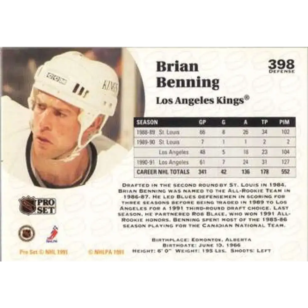 1991-92 Pro Set #398 Brian Benning NM-MT Los Angeles Kings Hockey Card - Hockey Card Single